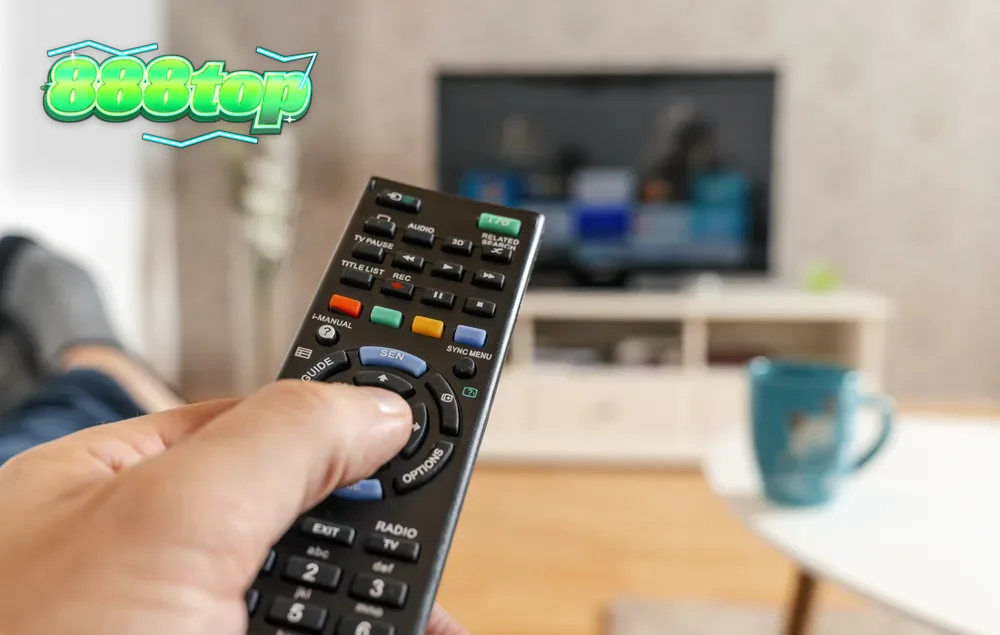 Một màn hình tivi hiển thị các biểu tượng trò chơi slot rực rỡ